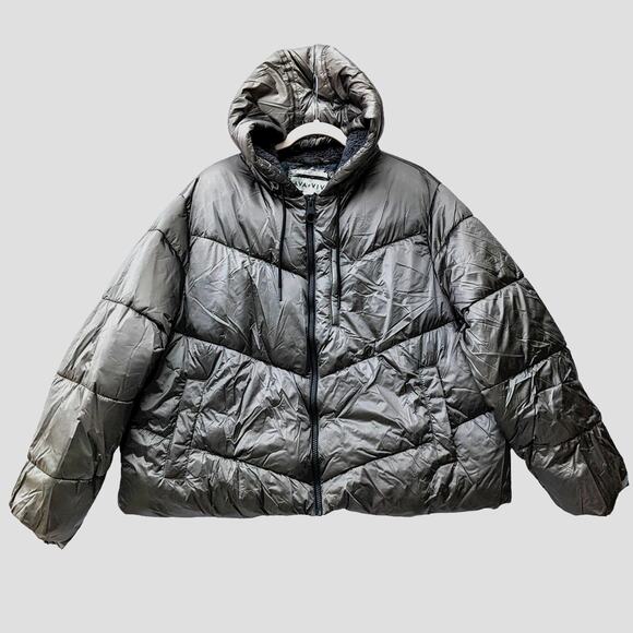 Ava Viv Puffer Jacket Short 2X Plus Winter Hood Coat Faux Fur Full Zip Silver - Picture 1 of 9